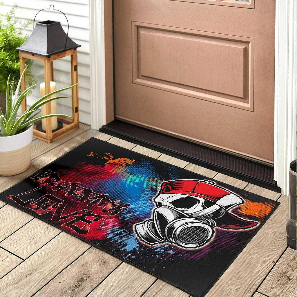 Skull Door Mat - Graffiti Love Skull Wearing Street Style Hat Door Mat Home Decor
