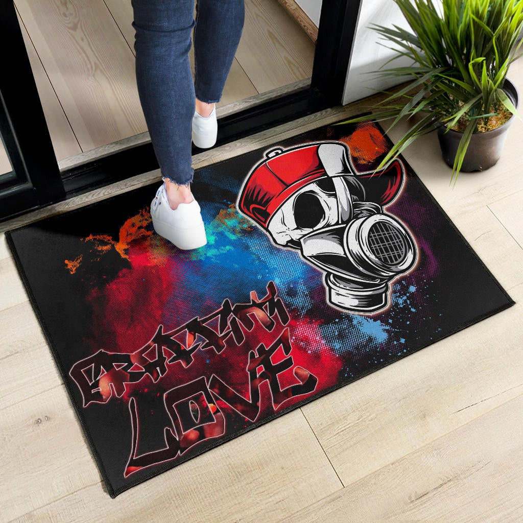 Skull Door Mat - Graffiti Love Skull Wearing Street Style Hat Door Mat Home Decor