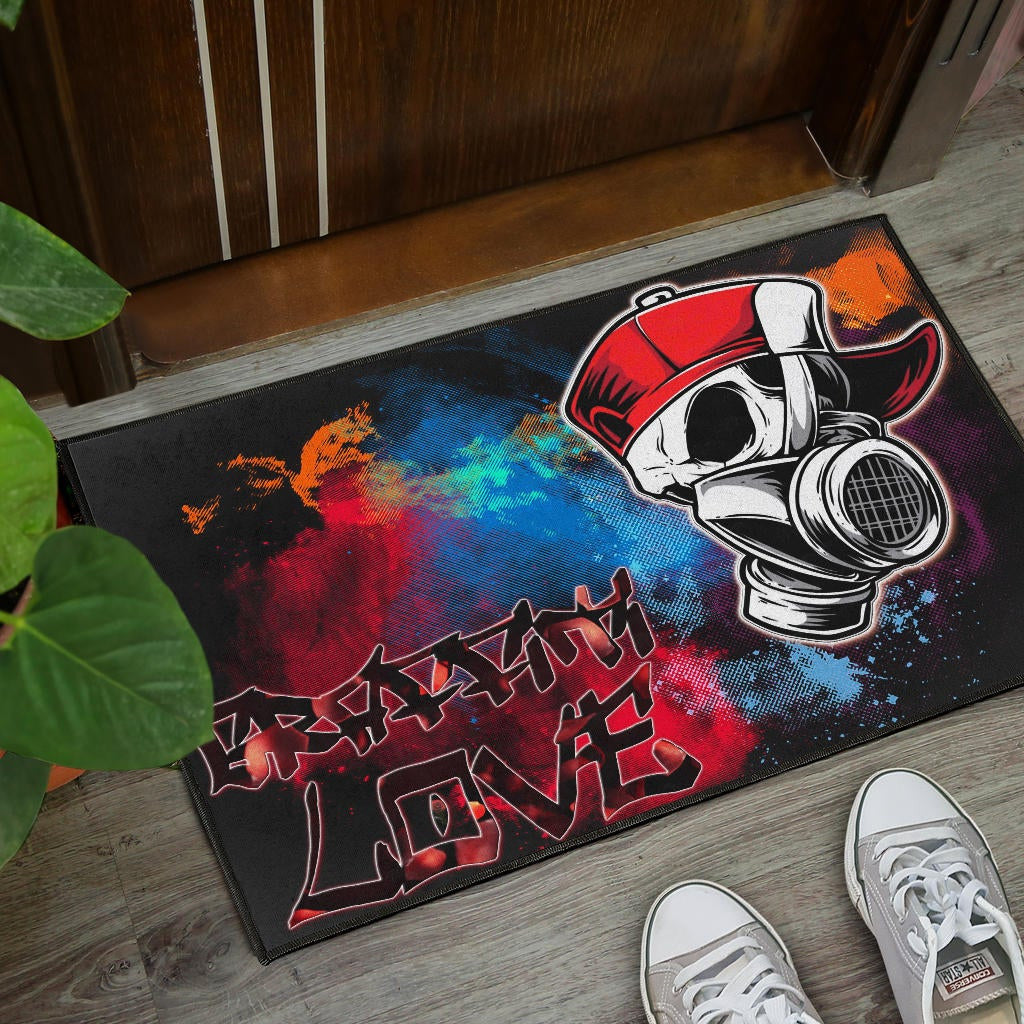 Skull Door Mat - Graffiti Love Skull Wearing Street Style Hat Door Mat Home Decor