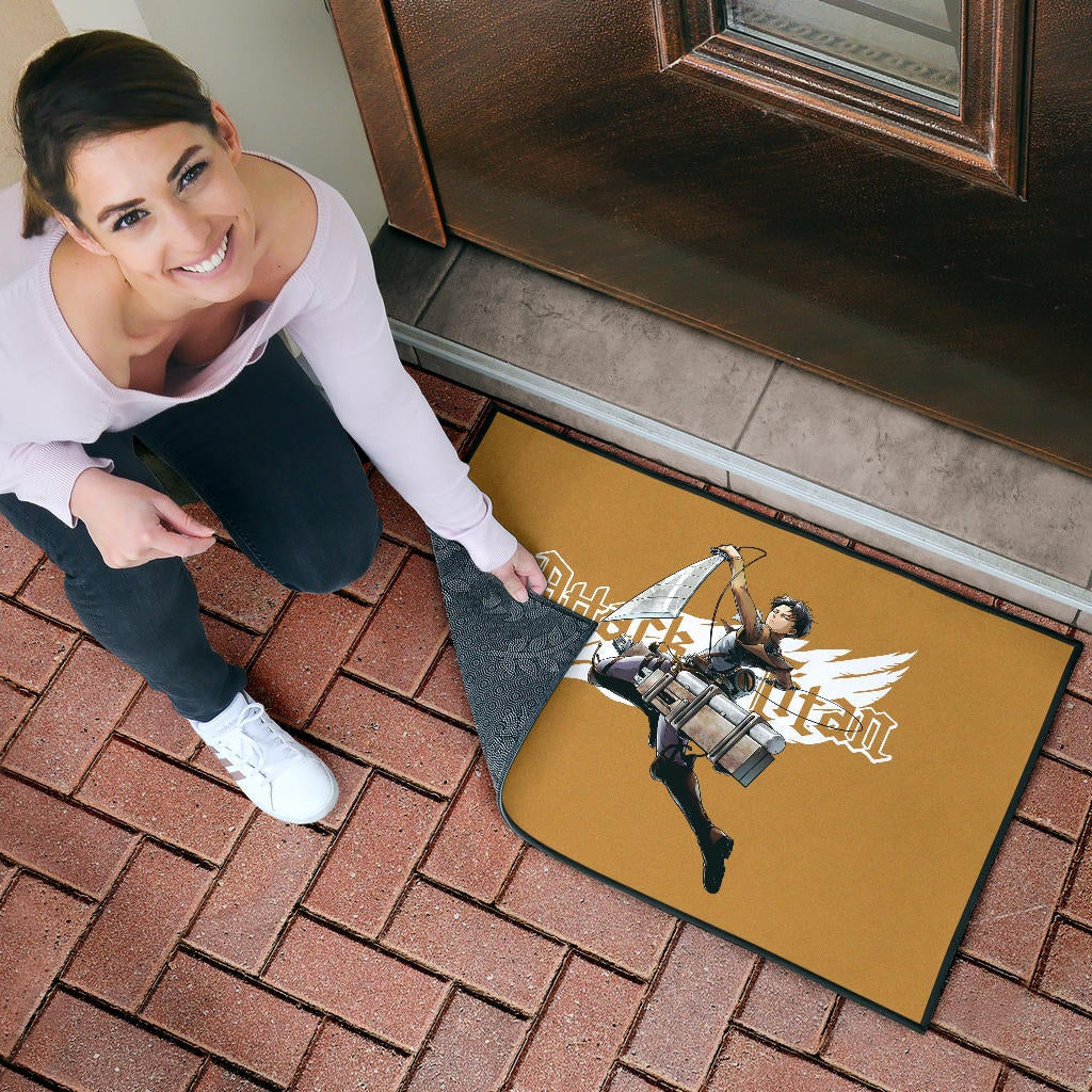 Attack On Titan Anime Door Mat - Handsome Levi Fighting Wind Blade White Wing Door Mat Home Decor