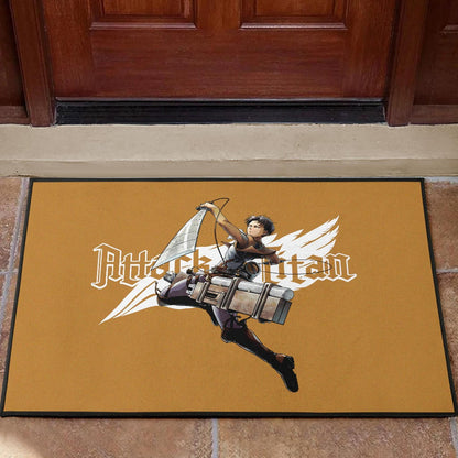 Attack On Titan Anime Door Mat - Handsome Levi Fighting Wind Blade White Wing Door Mat Home Decor