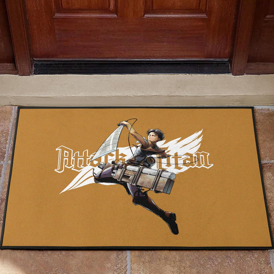 Attack On Titan Anime Door Mat - Handsome Levi Fighting Wind Blade White Wing Door Mat Home Decor