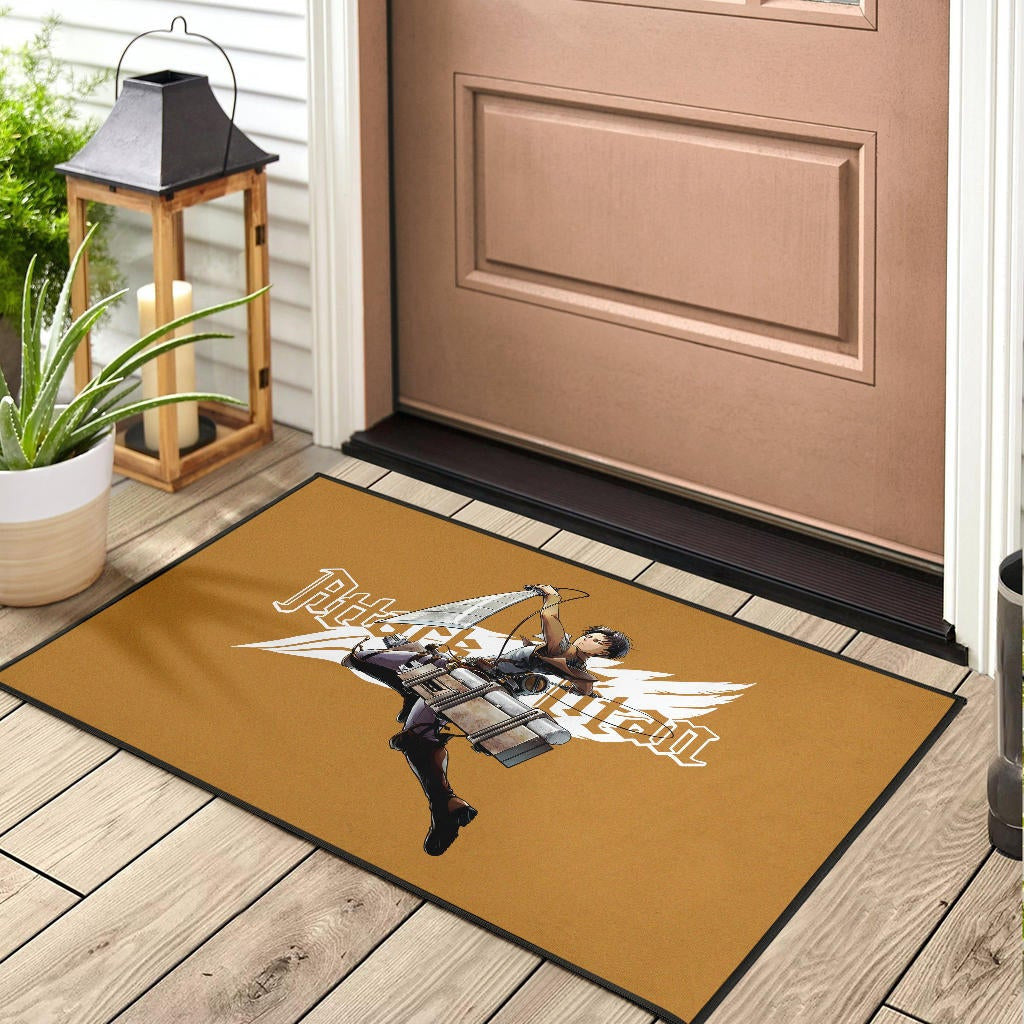 Attack On Titan Anime Door Mat - Handsome Levi Fighting Wind Blade White Wing Door Mat Home Decor