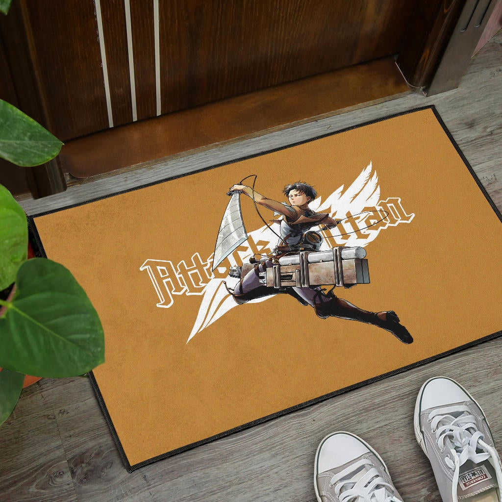 Attack On Titan Anime Door Mat - Handsome Levi Fighting Wind Blade White Wing Door Mat Home Decor