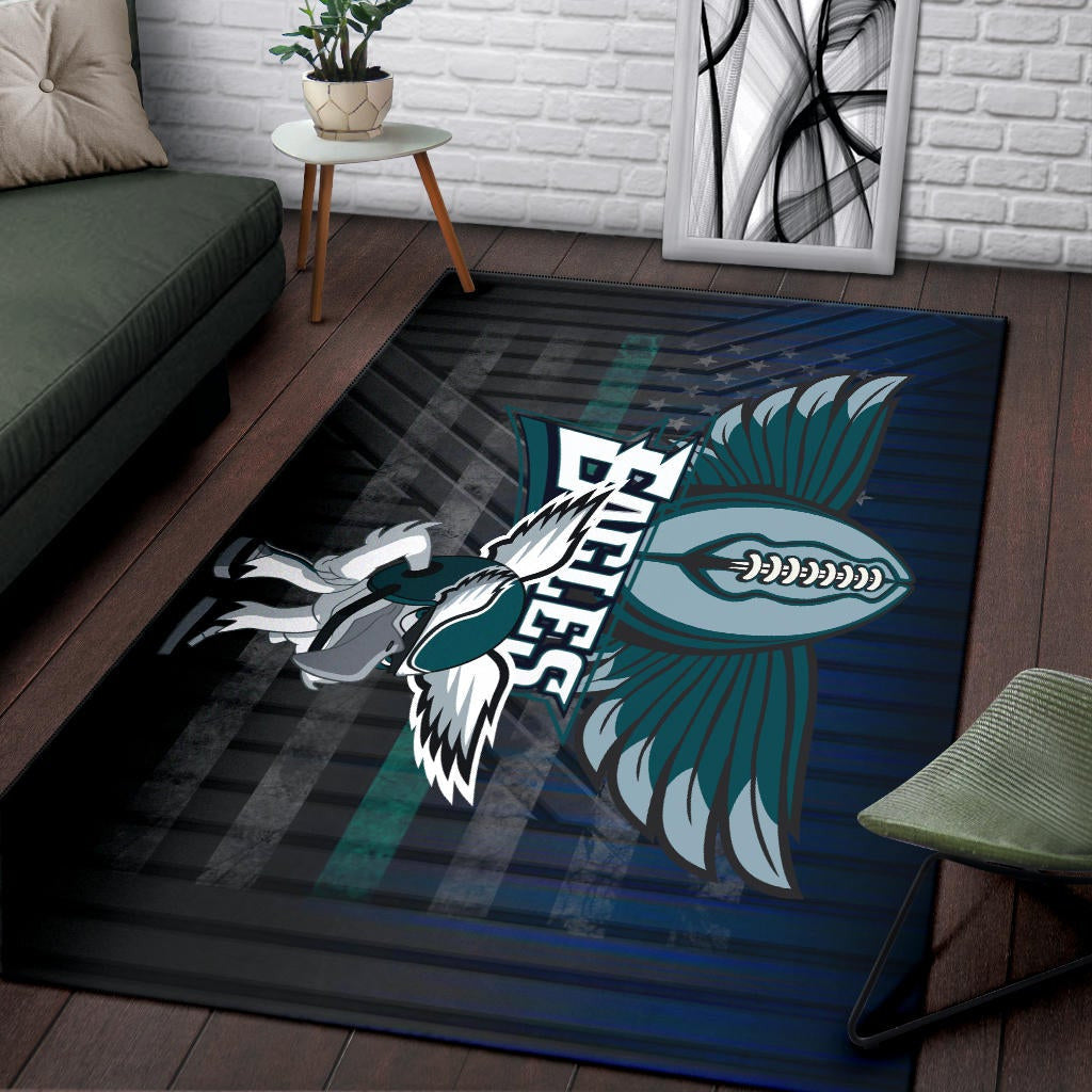 Philadelphia Eagles American Football Team Area Rug Funny Eagle Wearing Helmet Rugby Ball With Wings Rugs Home Decor