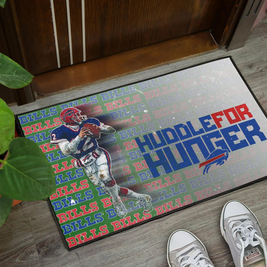 Buffalo Bills American Football Team Door Mat Jim Kelly Catching Ball And Running Huddle For Hunger Door Mat Home Decor