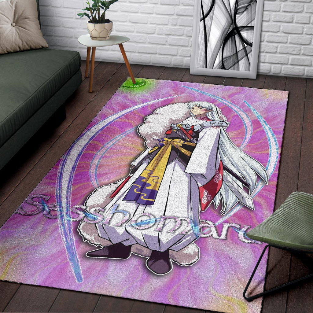 Inuyasha Anime Area Rug Sesshomaru Standing Black Moon Retro Flower Looping Background Rugs Home Decor