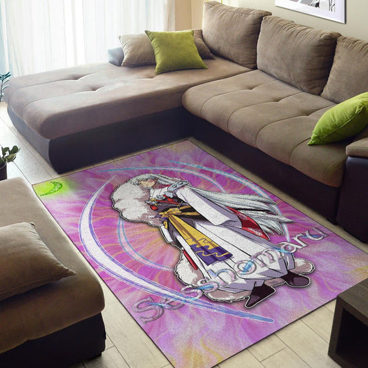 Inuyasha Anime Area Rug Sesshomaru Standing Black Moon Retro Flower Looping Background Rugs Home Decor