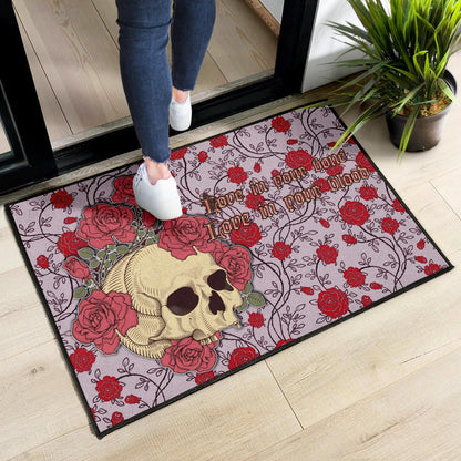 Valentine Door Mat - Skulls With Red Roses Flower Love In Bone And Blood Door Mat Home Decor