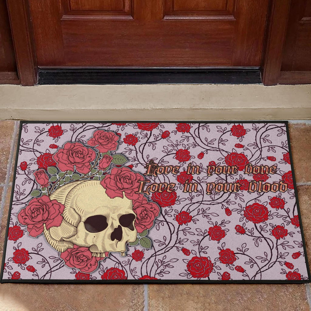 Valentine Door Mat - Skulls With Red Roses Flower Love In Bone And Blood Door Mat Home Decor