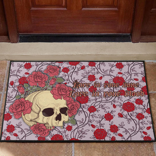 Valentine Door Mat - Skulls With Red Roses Flower Love In Bone And Blood Door Mat Home Decor
