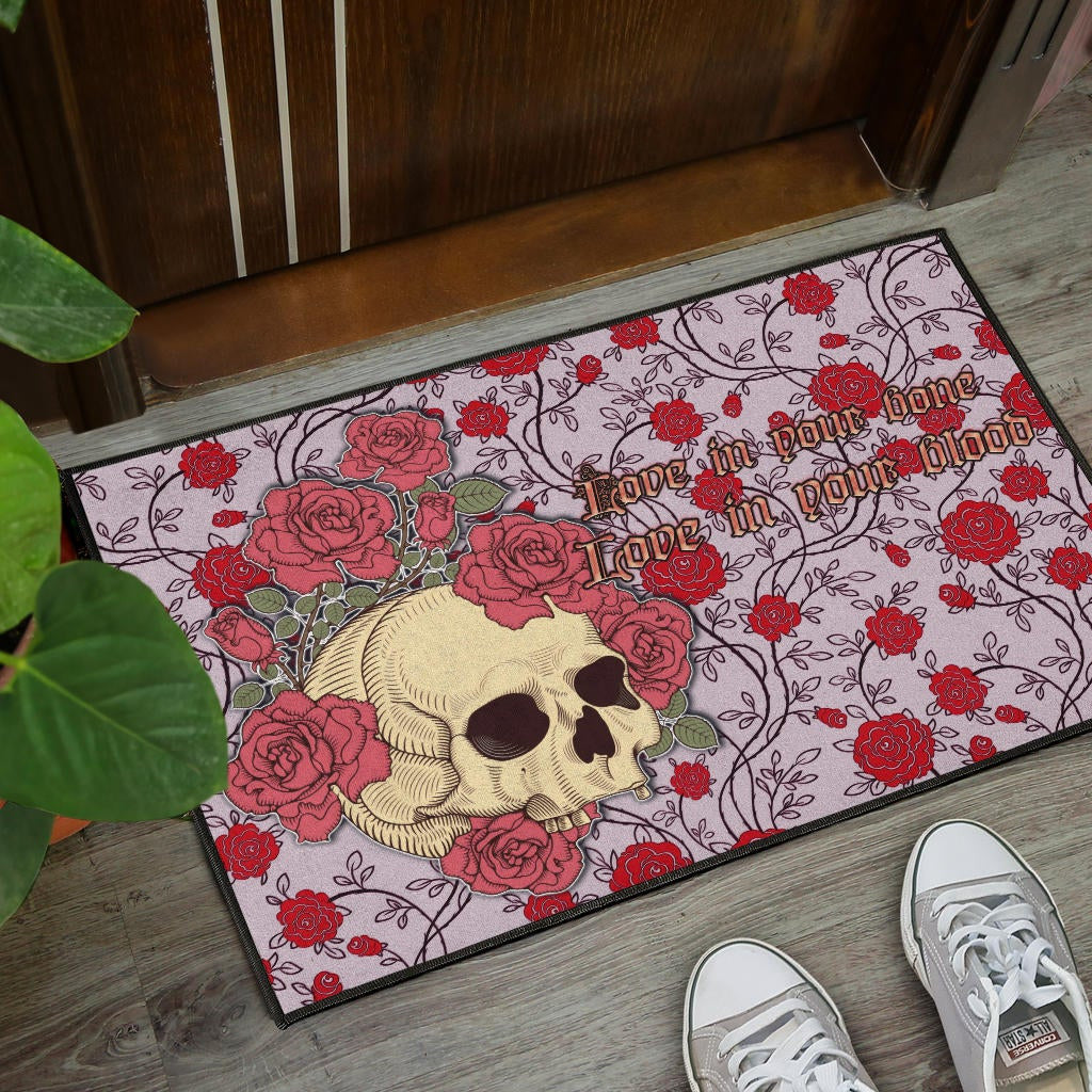 Valentine Door Mat - Skulls With Red Roses Flower Love In Bone And Blood Door Mat Home Decor