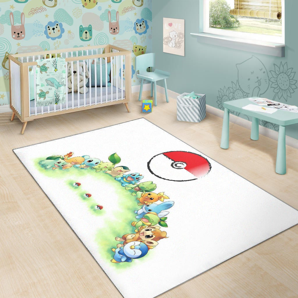 Pokemon Anime Area Rug Pokeball Chibi Tiny Pokemon Gather Round Rugs Home Decor