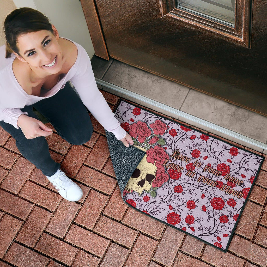 Valentine Door Mat - Skulls With Red Roses Flower Love In Bone And Blood Door Mat Home Decor