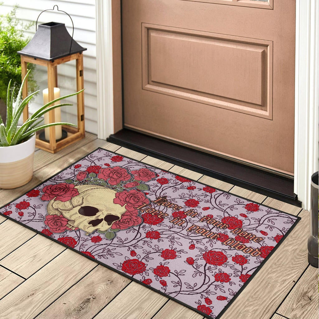 Valentine Door Mat - Skulls With Red Roses Flower Love In Bone And Blood Door Mat Home Decor