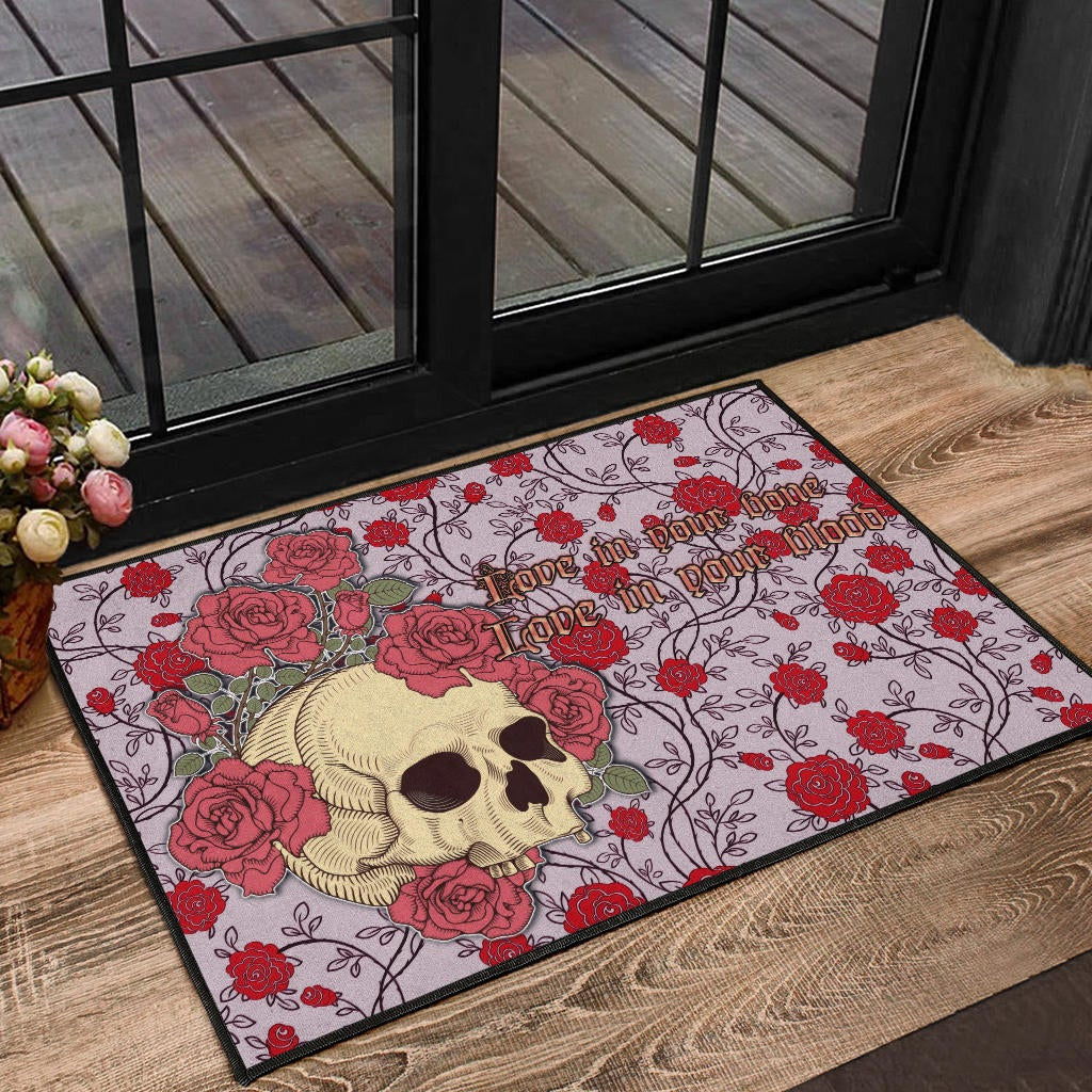 Valentine Door Mat - Skulls With Red Roses Flower Love In Bone And Blood Door Mat Home Decor