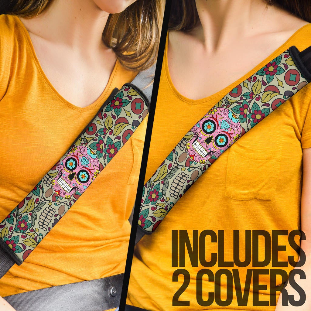 Skull Seat Belt Covers - Pink Mandala Skull Floral Skull Patterns Belt Covers NT112407
