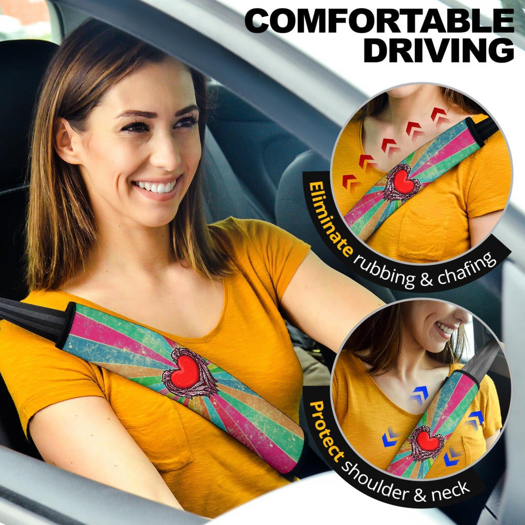 Valentine Seat Belt Covers Red Heart With Wings Flight Rainbow Vintage Background Belt Covers