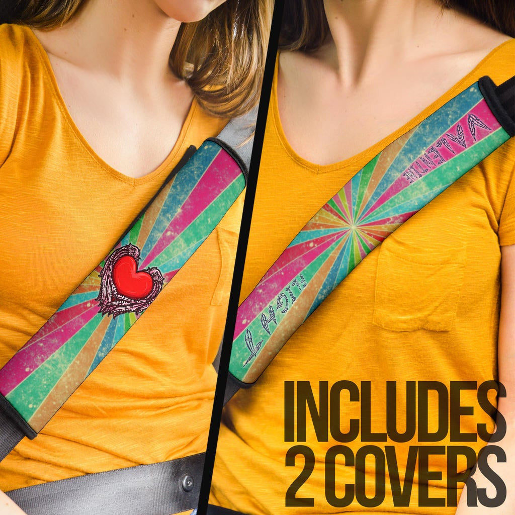 Valentine Seat Belt Covers Red Heart With Wings Flight Rainbow Vintage Background Belt Covers