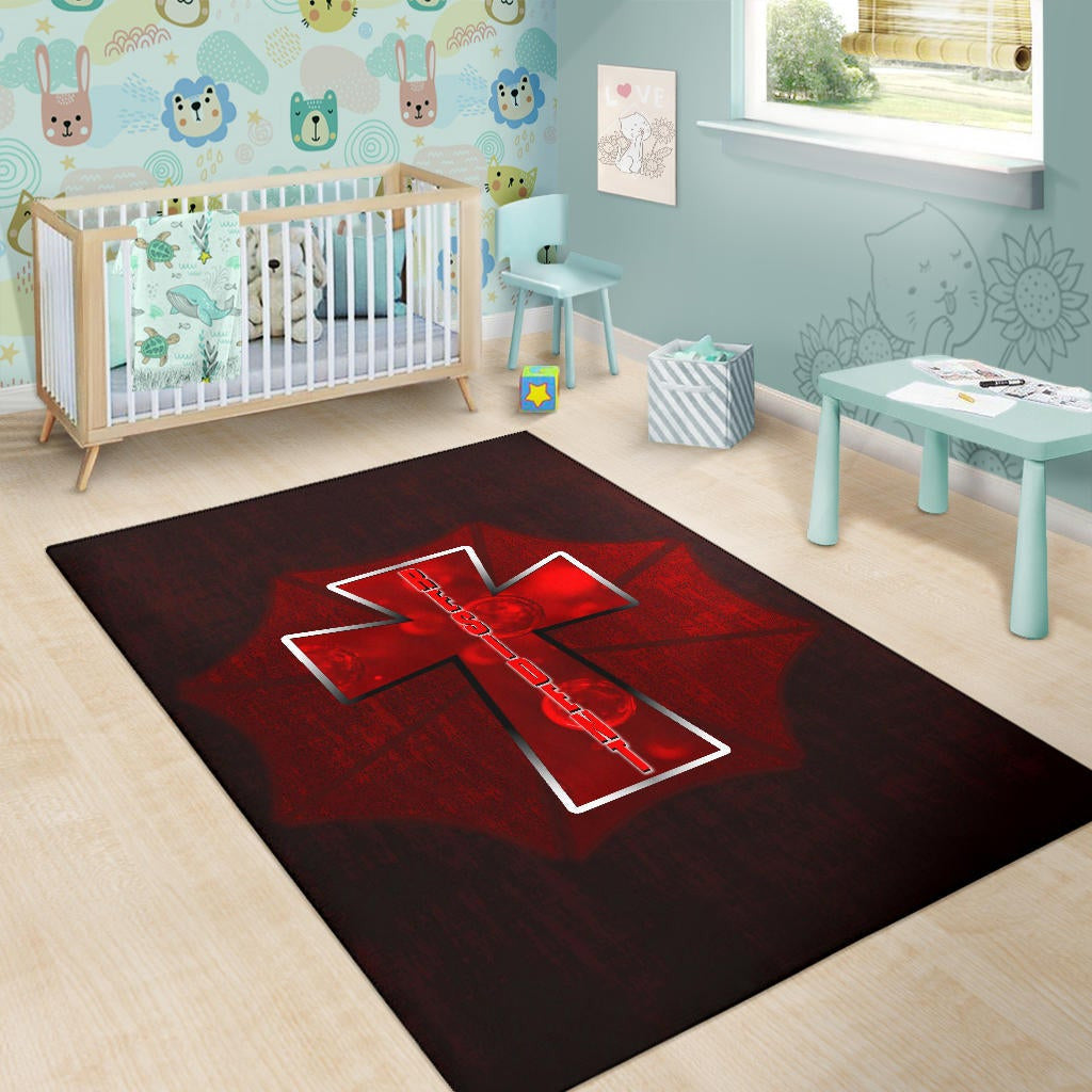 Resident Evil Game Area Rug - Red Umbrella Corporation With Blood In Cross Rugs Home Decor