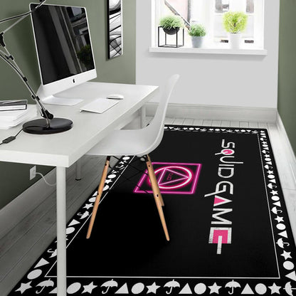 Squid Game Movie Area Rug Neon Squid Symbols Round Square Triangle Umbrella Patterns Rugs Home Decor