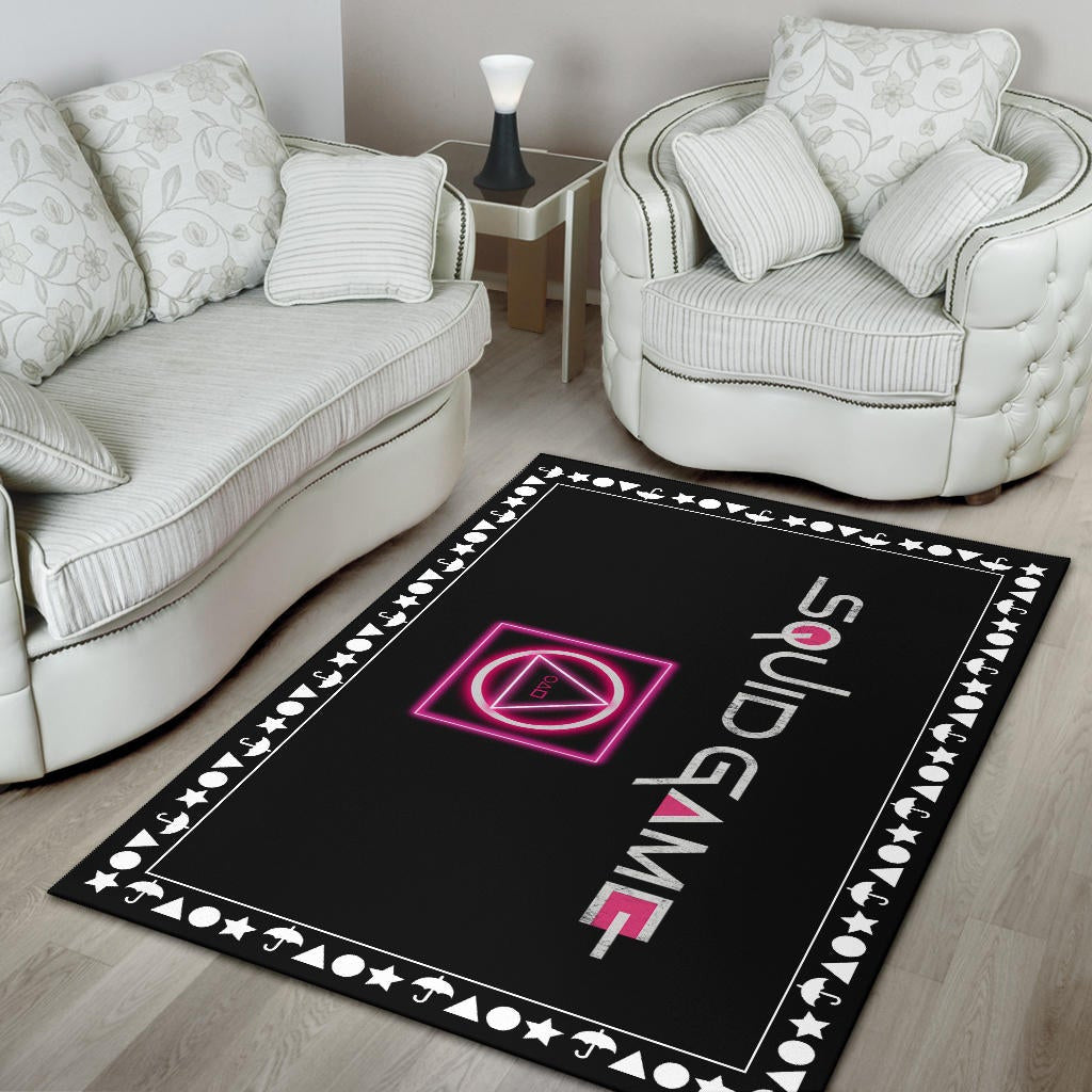 Squid Game Movie Area Rug Neon Squid Symbols Round Square Triangle Umbrella Patterns Rugs Home Decor