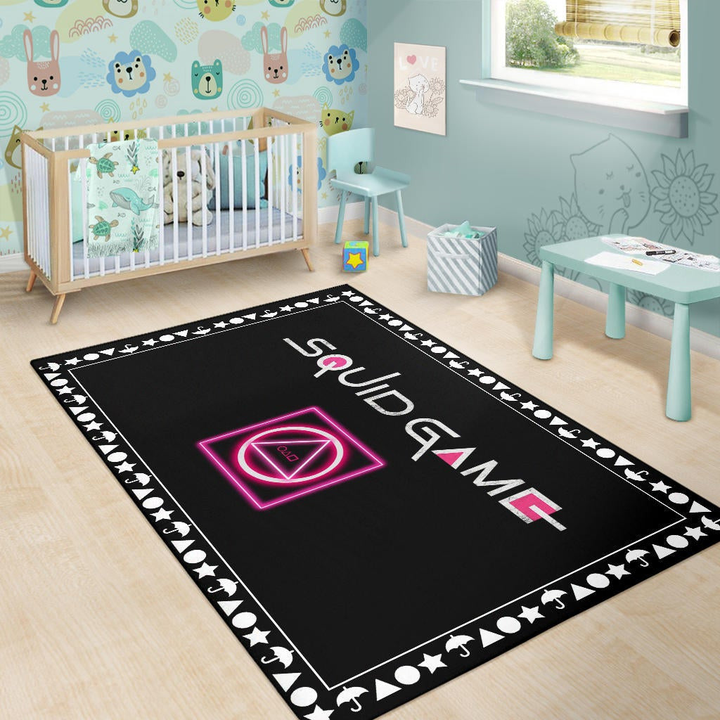 Squid Game Movie Area Rug Neon Squid Symbols Round Square Triangle Umbrella Patterns Rugs Home Decor