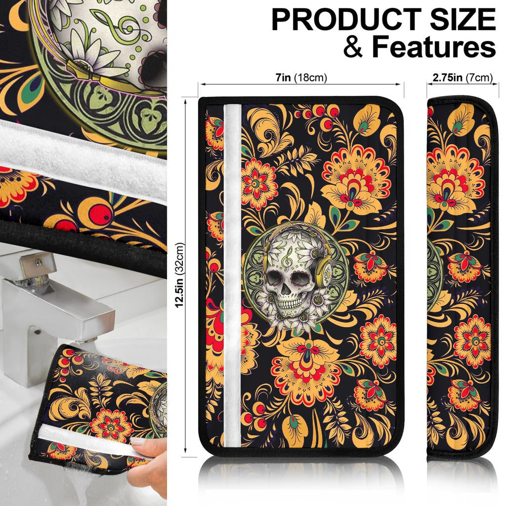 Valentine Seat Belt Covers - Mandala Skull Wearing Headphones Orange Artwork Belt Covers