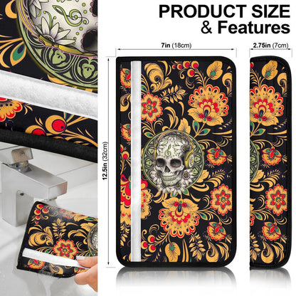 Valentine Seat Belt Covers - Mandala Skull Wearing Headphones Orange Artwork Belt Covers