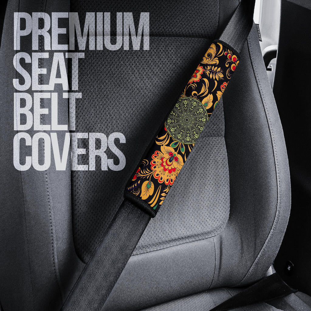 Valentine Seat Belt Covers - Mandala Skull Wearing Headphones Orange Artwork Belt Covers