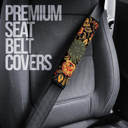 Valentine Seat Belt Covers - Mandala Skull Wearing Headphones Orange Artwork Belt Covers