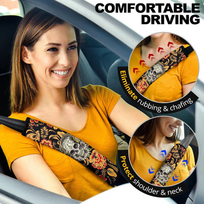 Valentine Seat Belt Covers - Mandala Skull Wearing Headphones Orange Artwork Belt Covers