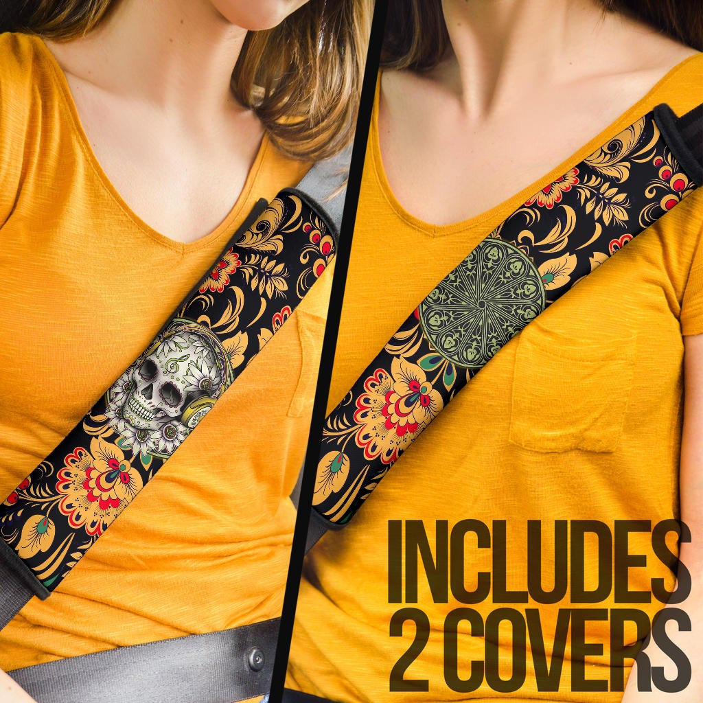 Valentine Seat Belt Covers - Mandala Skull Wearing Headphones Orange Artwork Belt Covers