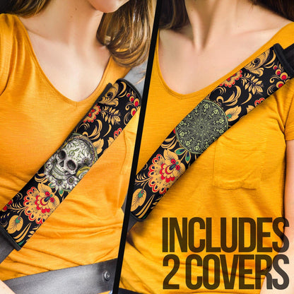 Valentine Seat Belt Covers - Mandala Skull Wearing Headphones Orange Artwork Belt Covers