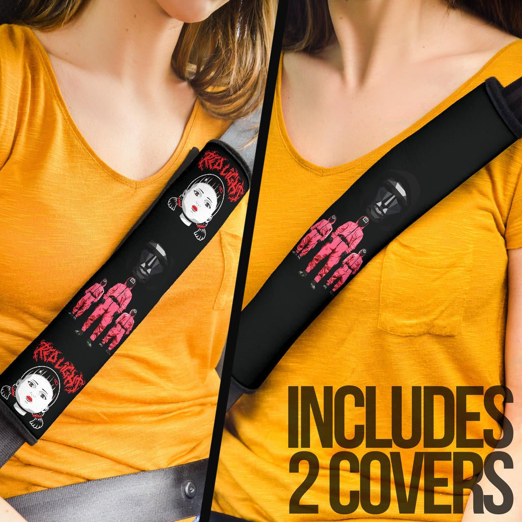 Squid Game Movie Seat Belt Covers - Squid Workers And Iconic Doll Red Light Belt Covers