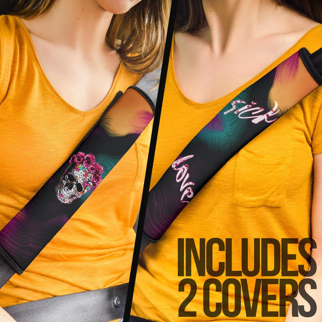 Valentine Seat Belt Covers - Mosaic Skull Wearing Rose Crown Sick Love Belt Covers