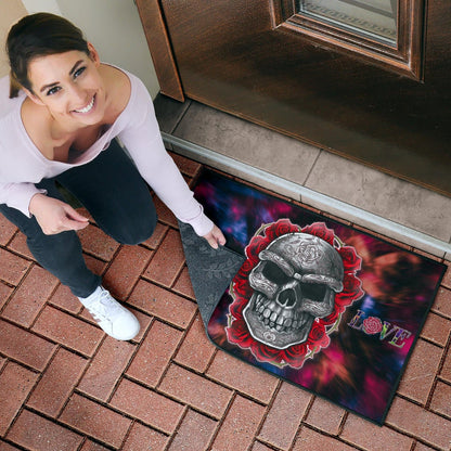 Valentine Door Mat - Red Rose Tattooed Skull Deep Love Door Mat Home Decor