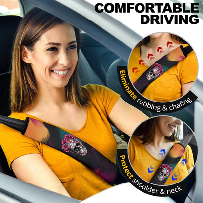 Valentine Seat Belt Covers - Mosaic Skull Wearing Rose Crown Sick Love Belt Covers