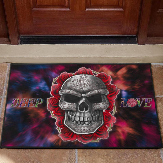 Valentine Door Mat - Red Rose Tattooed Skull Deep Love Door Mat Home Decor