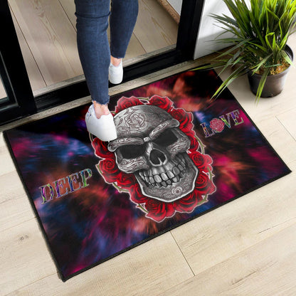 Valentine Door Mat - Red Rose Tattooed Skull Deep Love Door Mat Home Decor