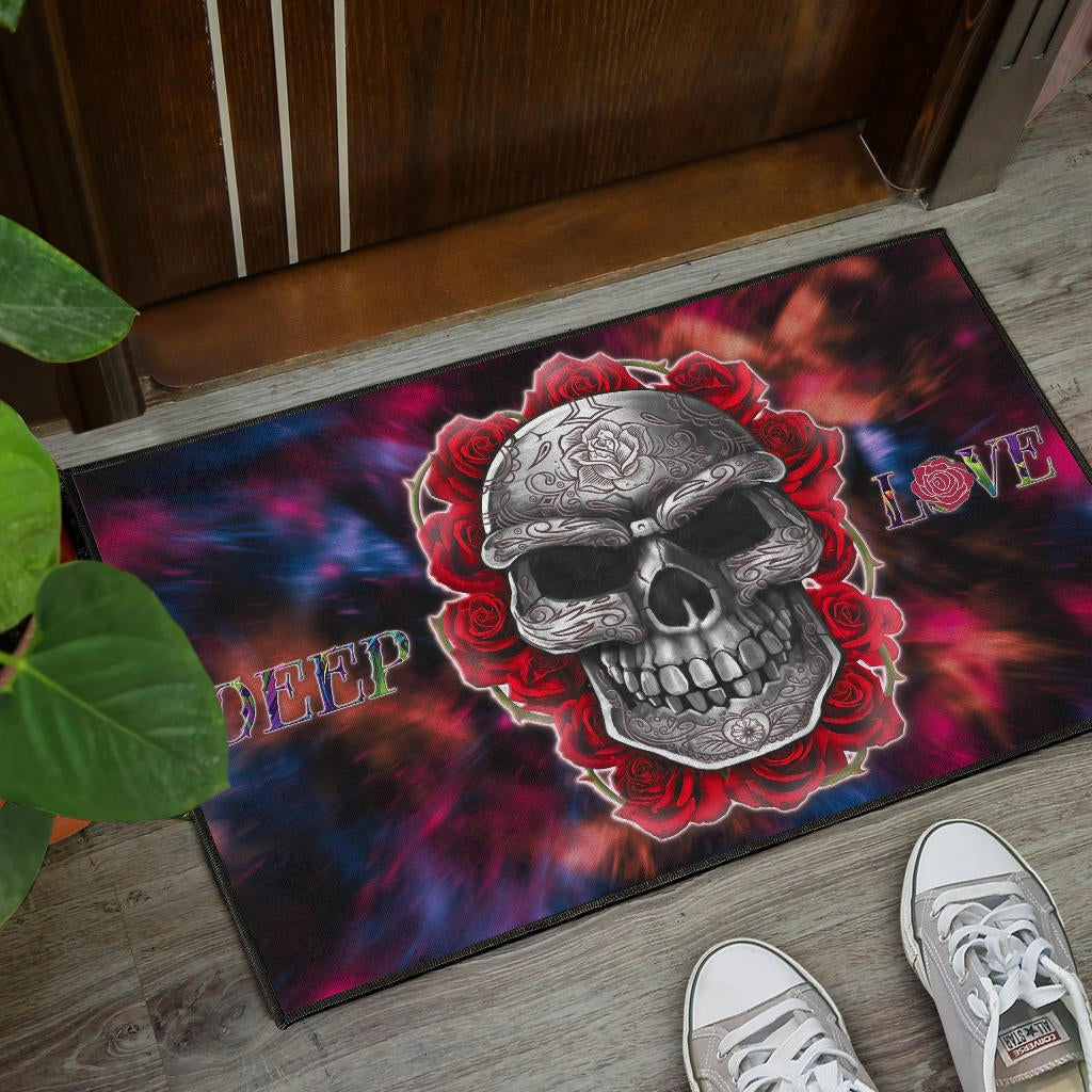 Valentine Door Mat - Red Rose Tattooed Skull Deep Love Door Mat Home Decor