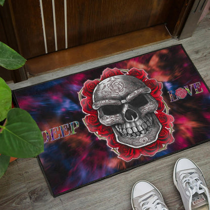 Valentine Door Mat - Red Rose Tattooed Skull Deep Love Door Mat Home Decor