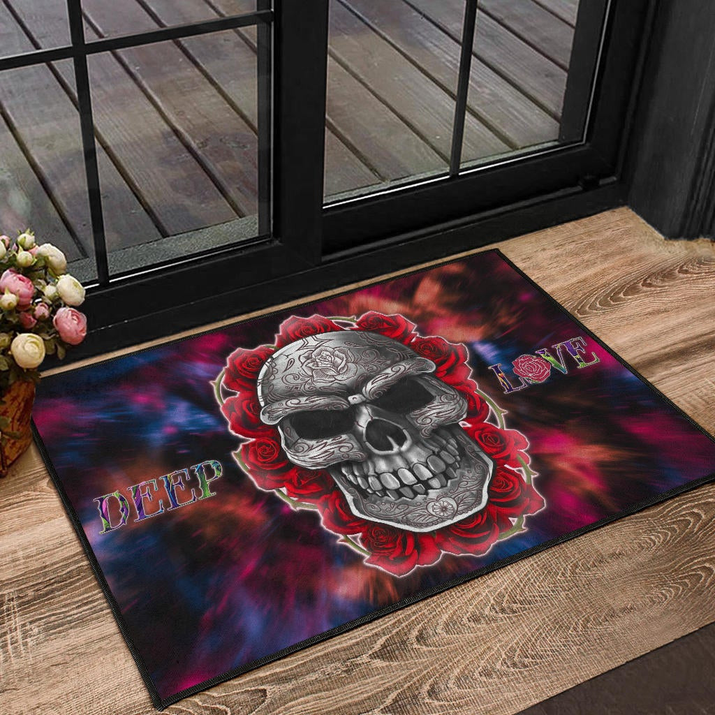 Valentine Door Mat - Red Rose Tattooed Skull Deep Love Door Mat Home Decor