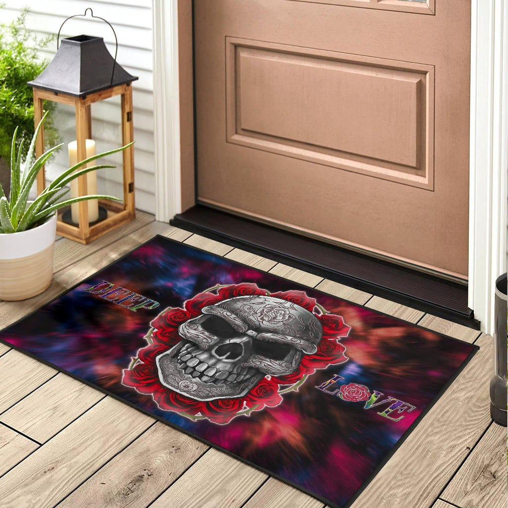 Valentine Door Mat - Red Rose Tattooed Skull Deep Love Door Mat Home Decor
