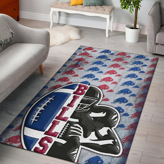 Buffalo Bills American Football Team Area Rug Human Shield With Rugby Ball Buffalo Silhouette Patterns Rugs Home Decor