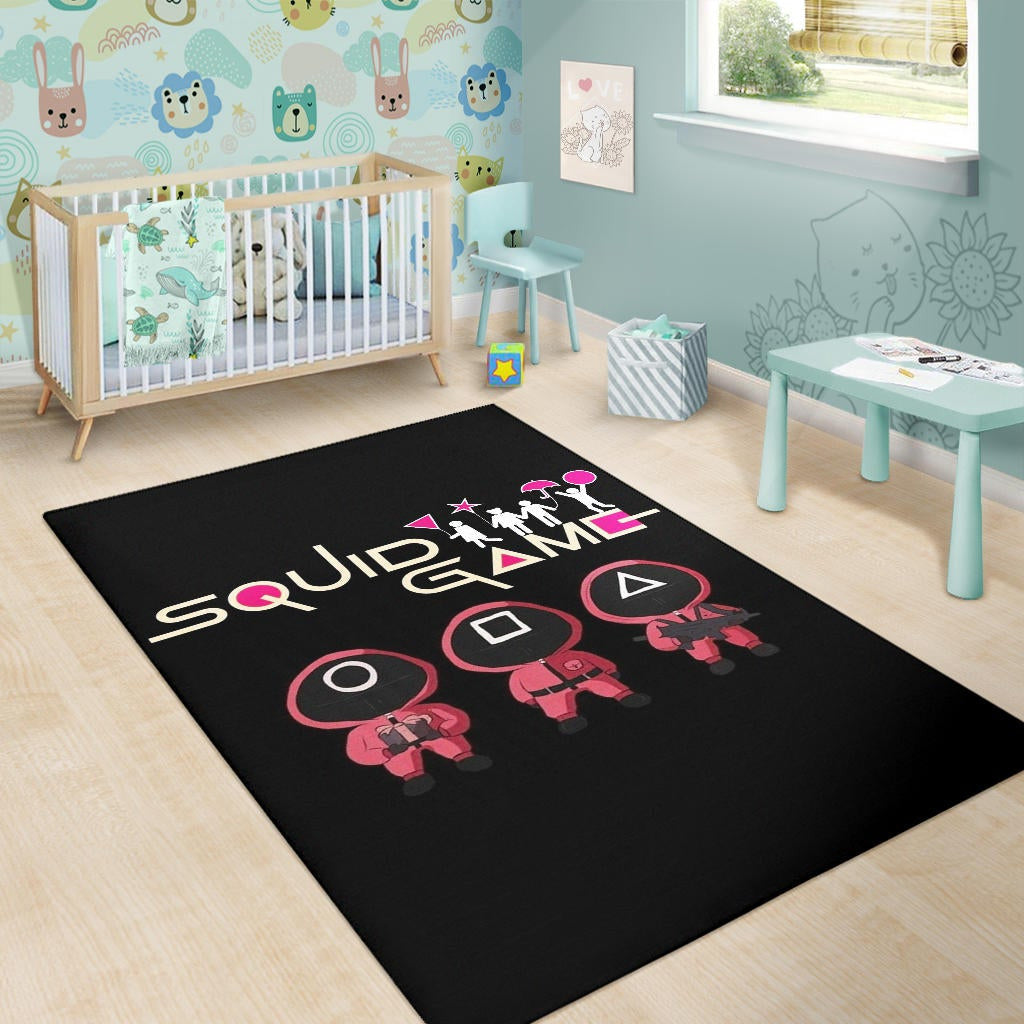 Squid Game Movie Area Rug Funny Fat Chibi Squid Worker Round Square Triangle Umbrella Balloon Rugs Home Decor