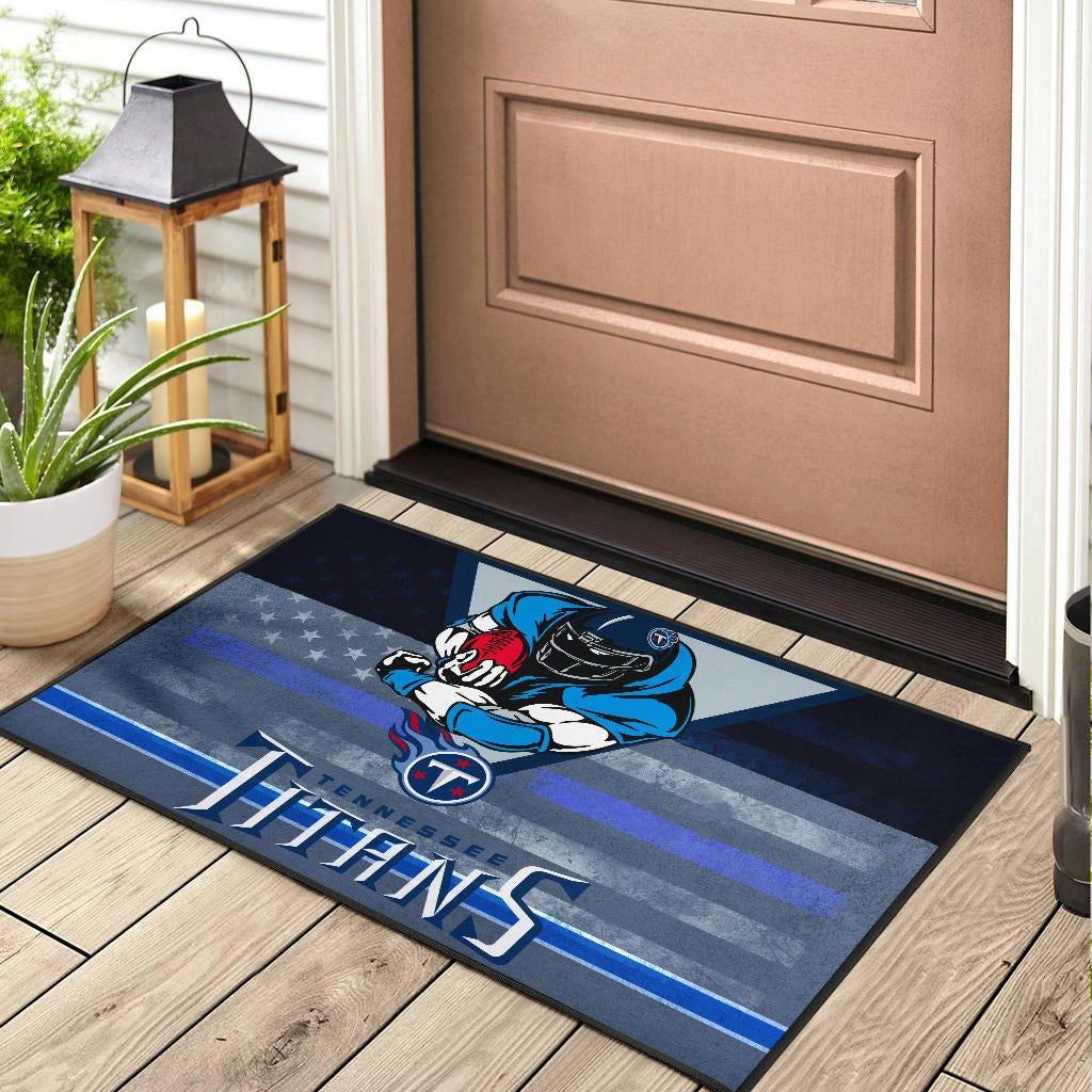 Tennessee Titans American Football Team Door Mat Muscle Player Holding Rugby Flaming Ball US Flag Door Mat Home Decor