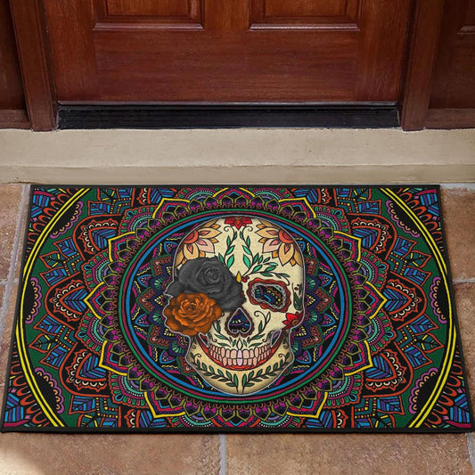 Valentine Door Mat - Colored Mandala Skull Background Roses
