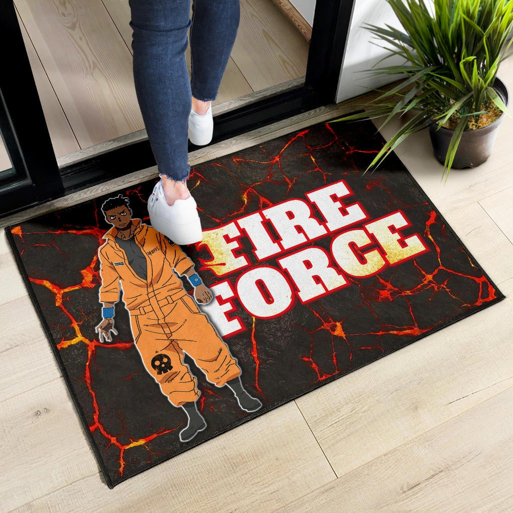 Fire Force Anime Door Mat Ogun Montgomery Wearing Orange Uniform Larsen Background Door Mat Home Decor