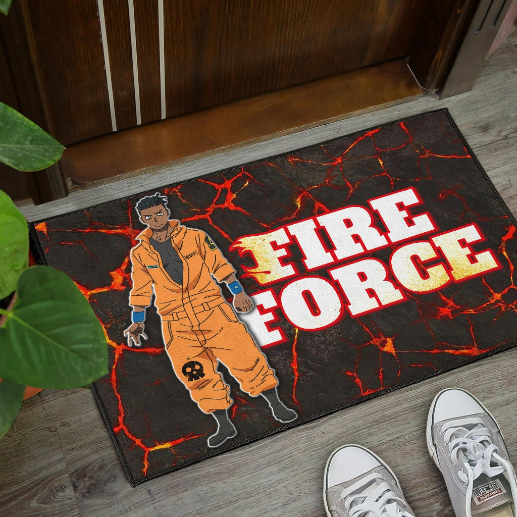 Fire Force Anime Door Mat Ogun Montgomery Wearing Orange Uniform Larsen Background Door Mat Home Decor